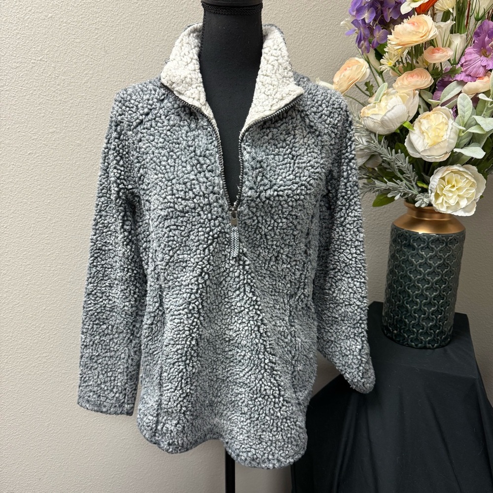 Gray Cozy Sherpa Fleece Quarter Zip Pullover Sweater Jacket Medium Soft Warm